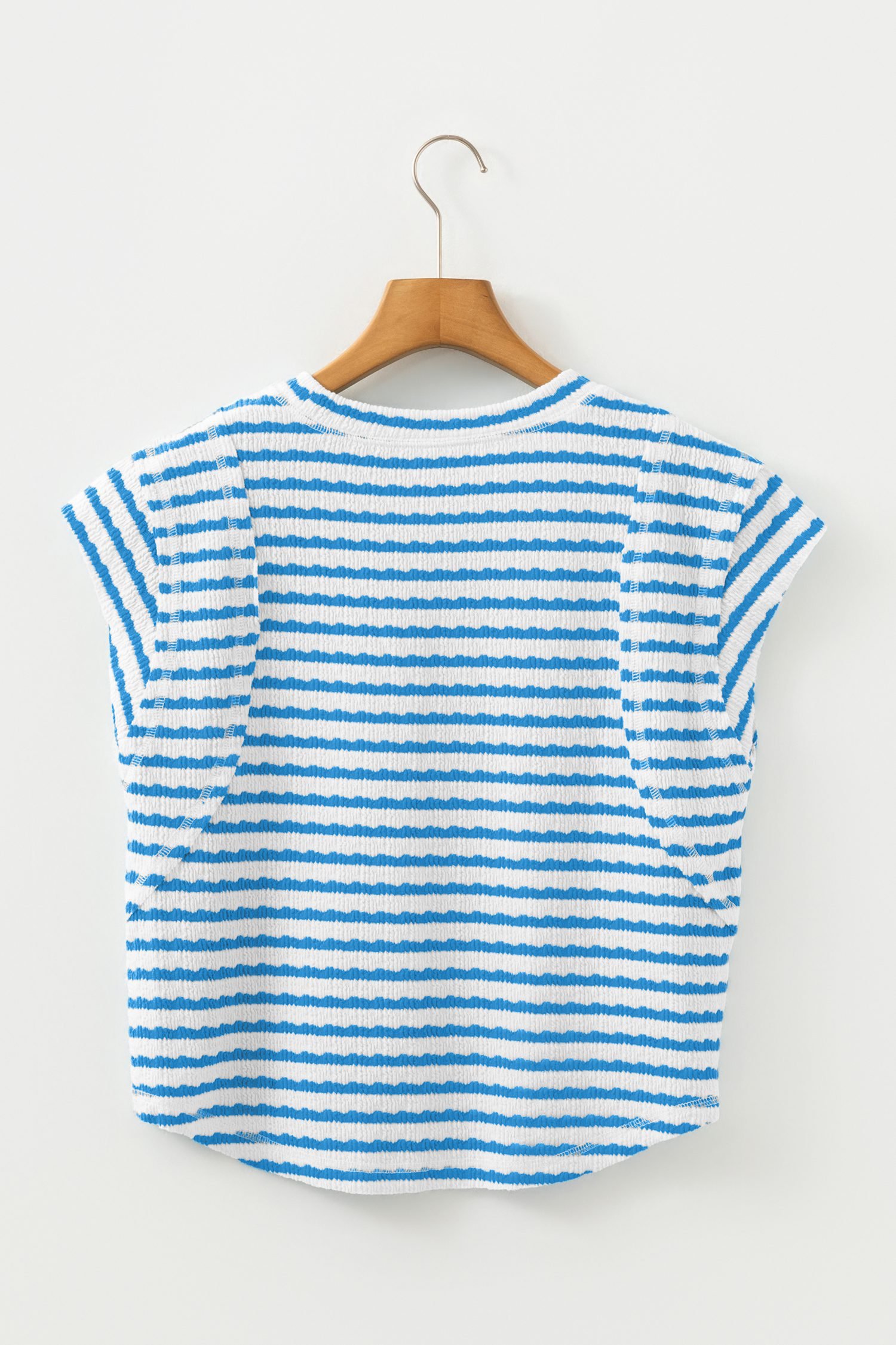 Blue Stripe Textured Short Sleeve Patchwork T Shirt