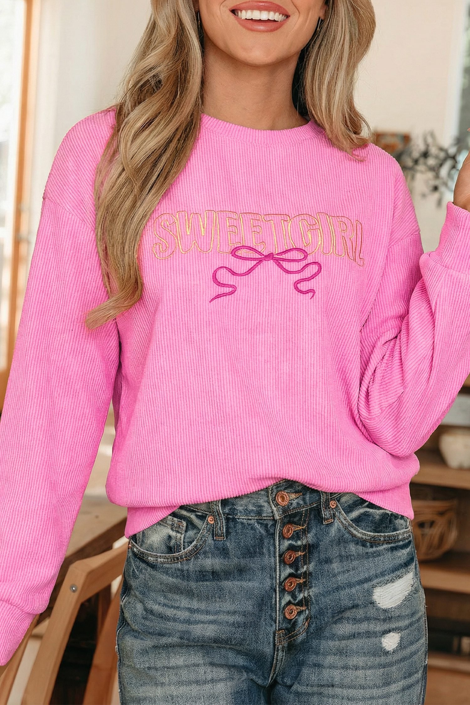 Bonbon Sweet Girl Embroidered Graphic Rib Textured Top
