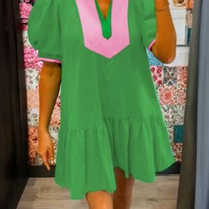 Bright Green Color Block Detail Split Neck Short Puff Sleeve Ruffle Hem Mini Dress
