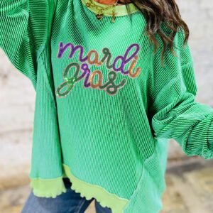 Bright Green Twisted Ribbed mardi gras Sequin Graphic Exposed Seam Patchwork Pullover Top