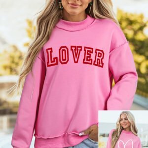 Bright Pink LOVER Heart Script Reversible Print Mock Neck Sweatshirt