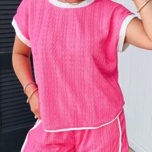 Bright Pink Textured Color Block Trim Loose Tee Drawstring Shorts 2pcs Set