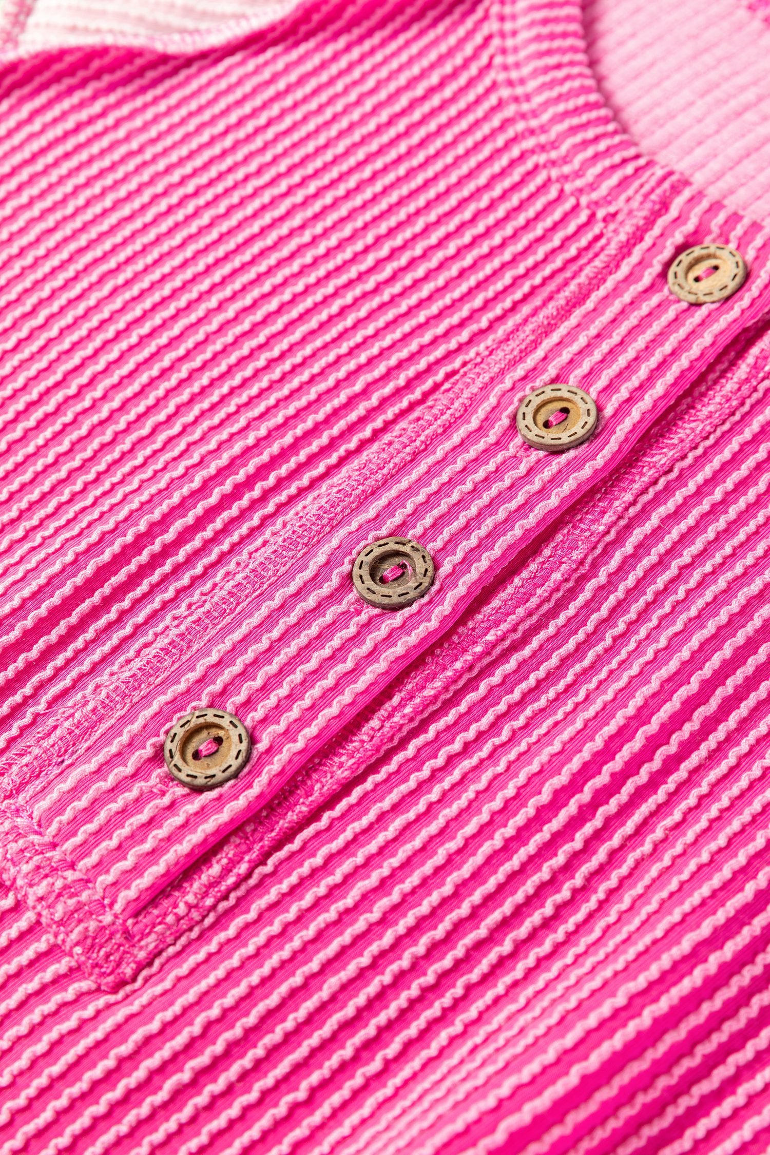 Bright Pink Twisted Ribbed Color Block Patchwork Henley Short Sleeve T Shirt