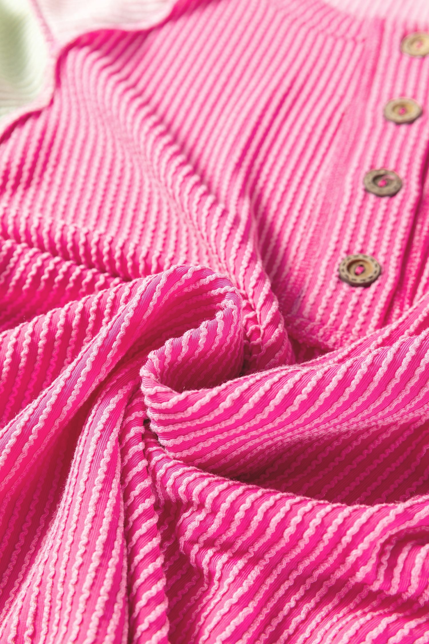 Bright Pink Twisted Ribbed Color Block Patchwork Henley Short Sleeve T Shirt