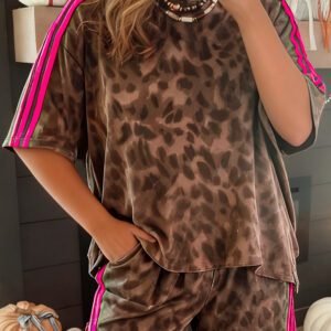 Brown Contrast Striped Accent Leopard Short Set