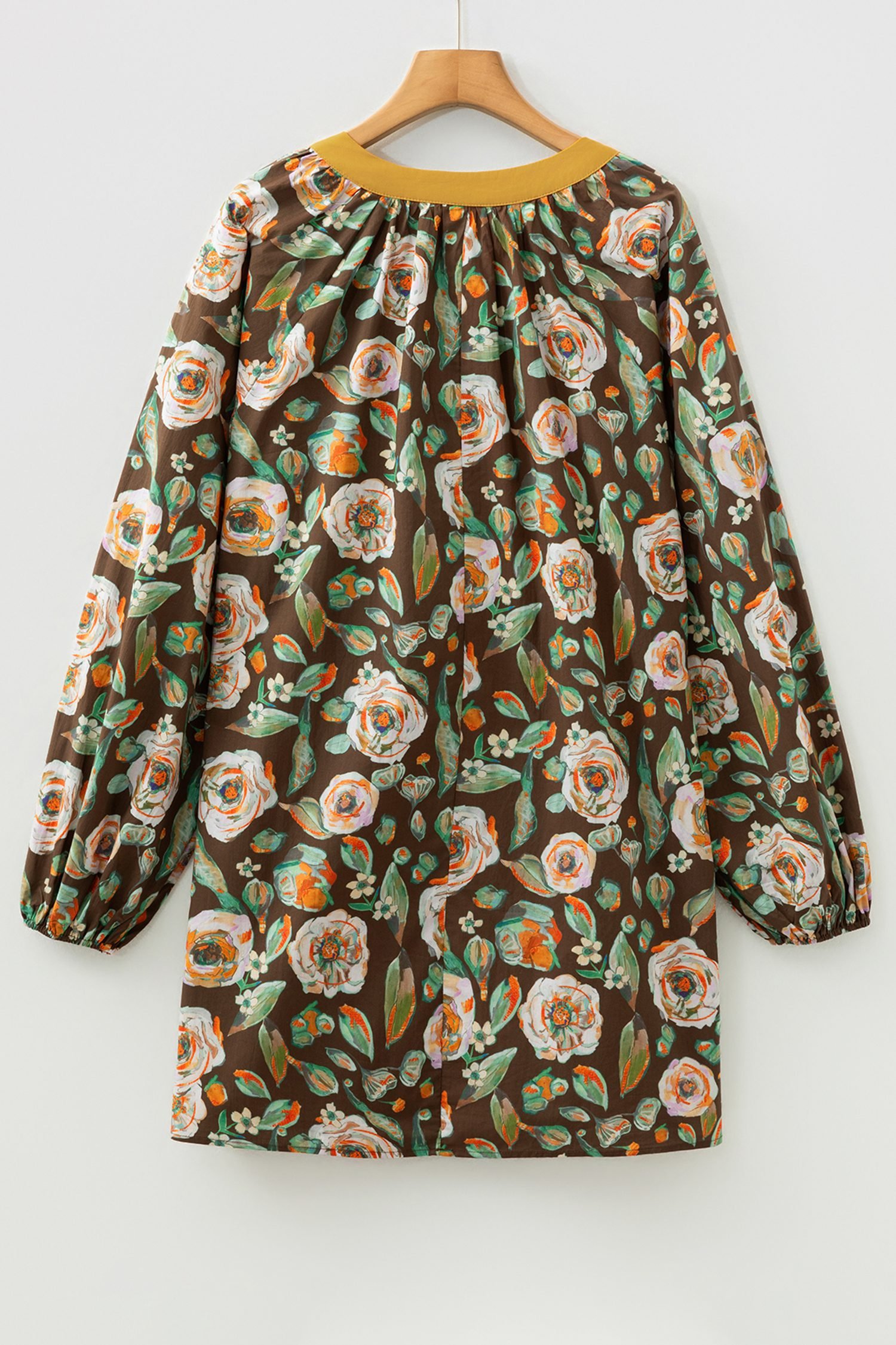 Brown Floral Print Contrast Trim V Neck Pocketed Long Sleeve Mini Dress