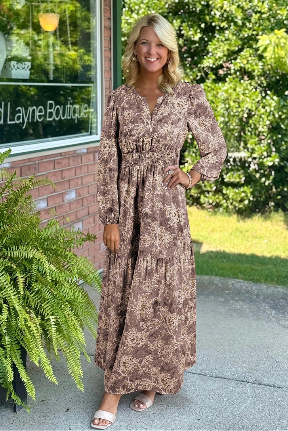 Brown Floral Print Smocked High Waist Long Sleeve Maxi Dress