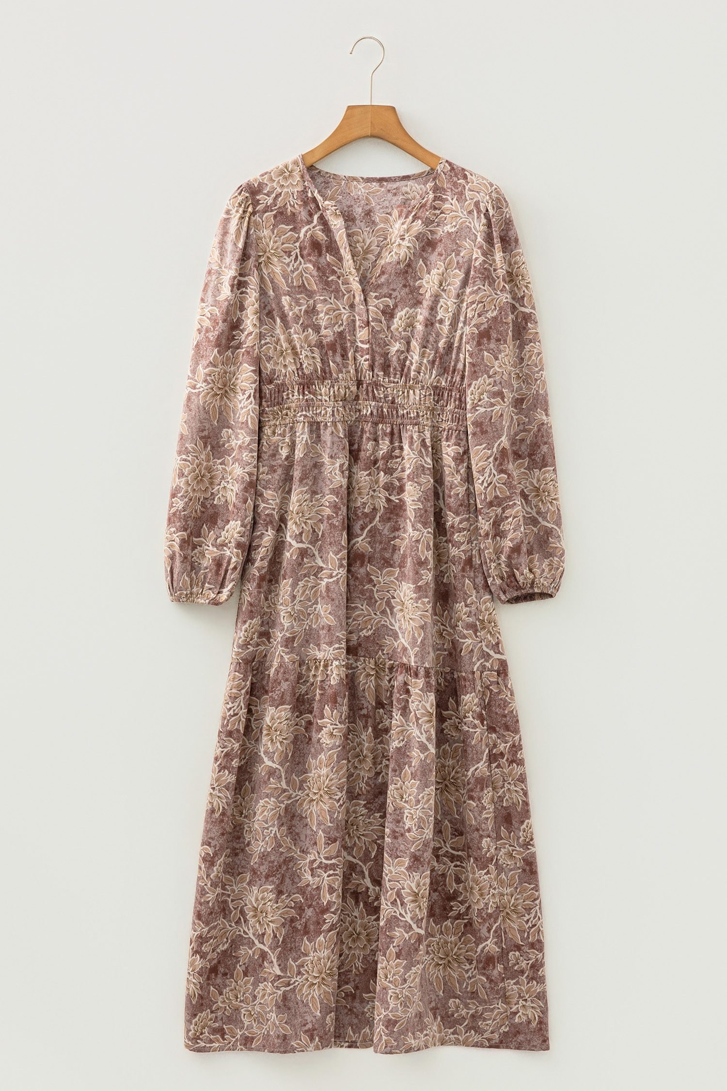 Brown Floral Print Smocked High Waist Long Sleeve Maxi Dress