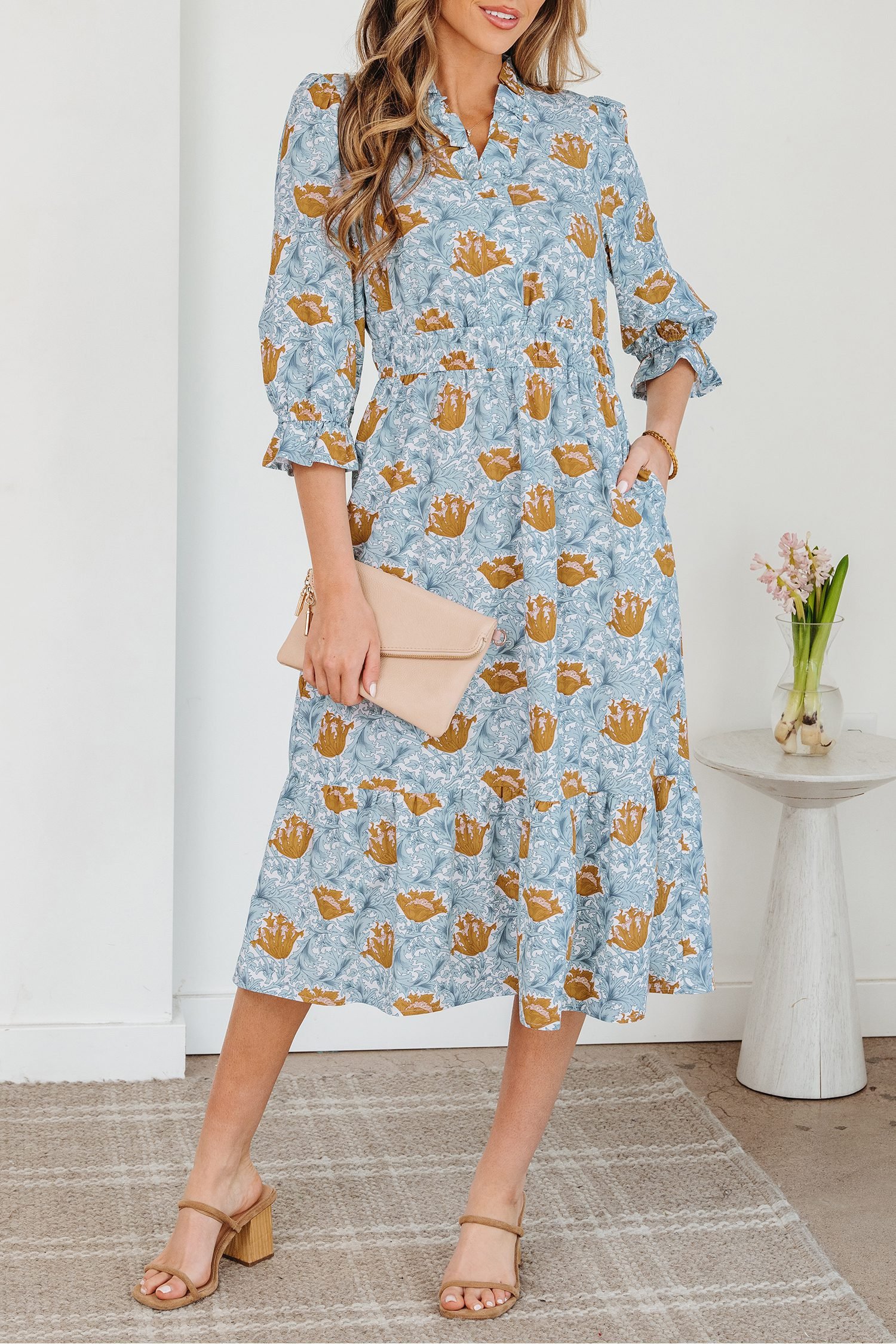 Brown Floral Printed Frilled V Neck Bracelet Sleeve Long Dress