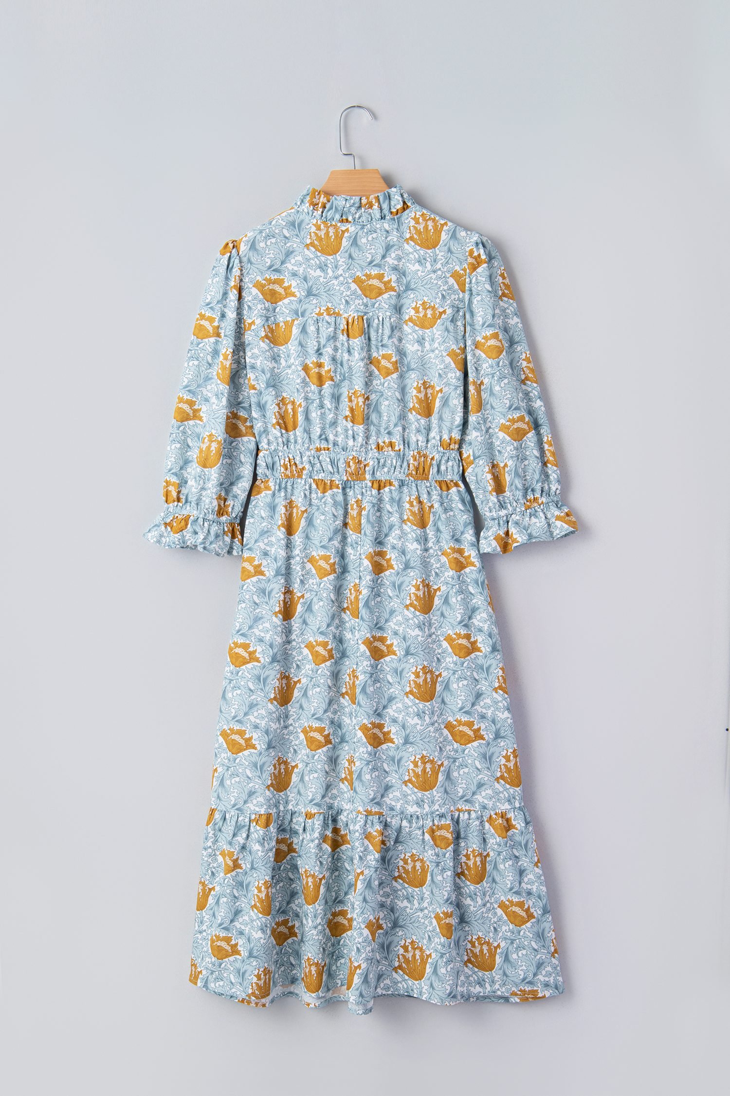 Brown Floral Printed Frilled V Neck Bracelet Sleeve Long Dress