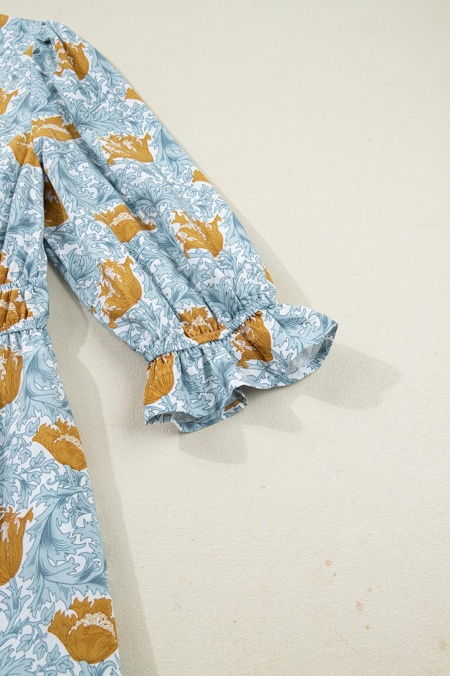Brown Floral Printed Frilled V Neck Bracelet Sleeve Long Dress
