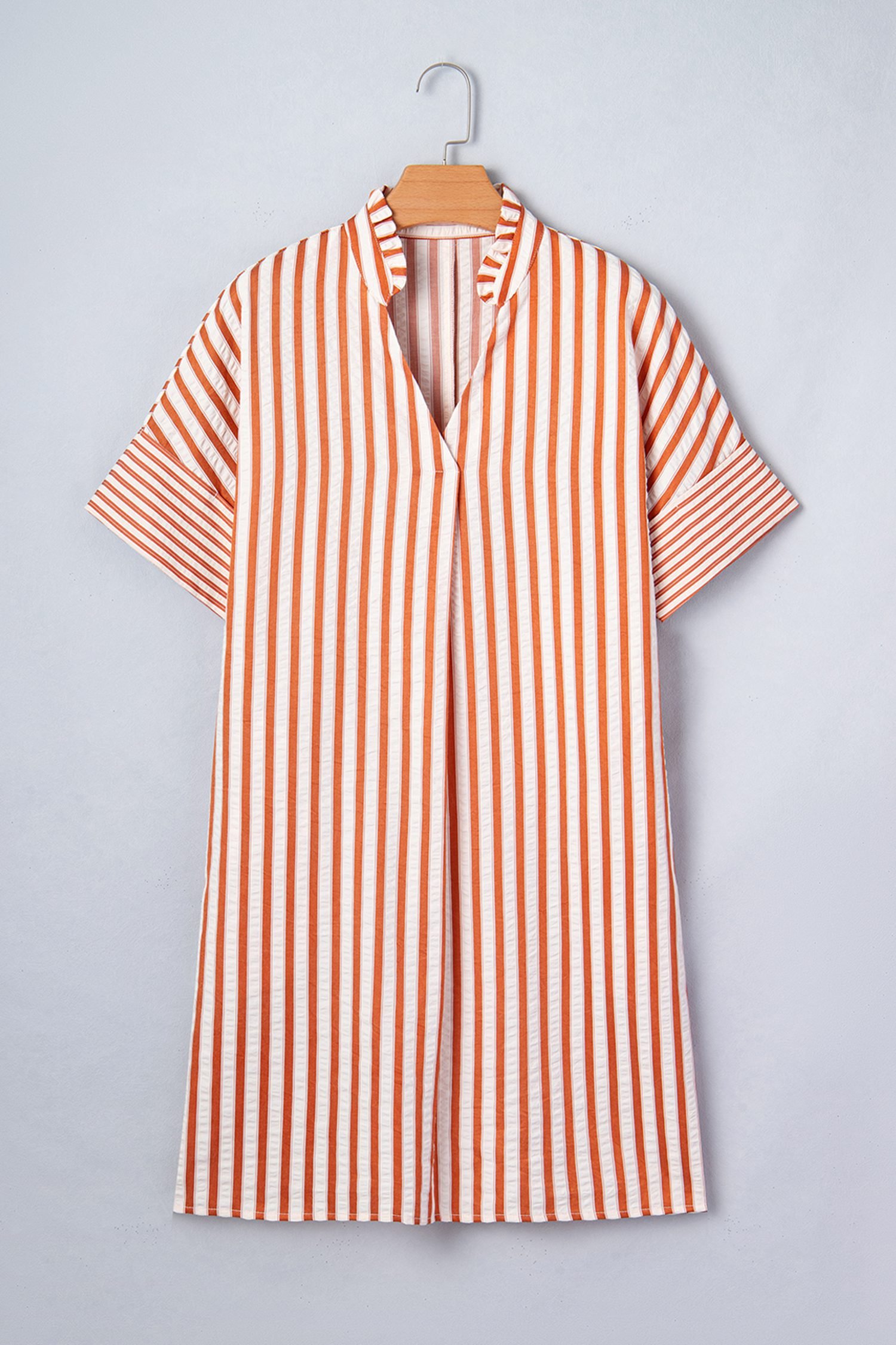 Brown Stripe Pinched V Neck Turn-up Cuffs Shift Mini Dress