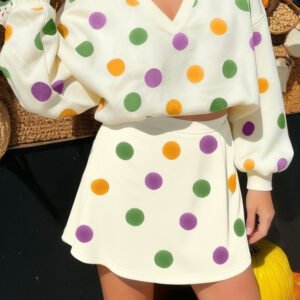 Beige Polka Dot Print V Neck Pullover Mini Skort 2pcs Outfit