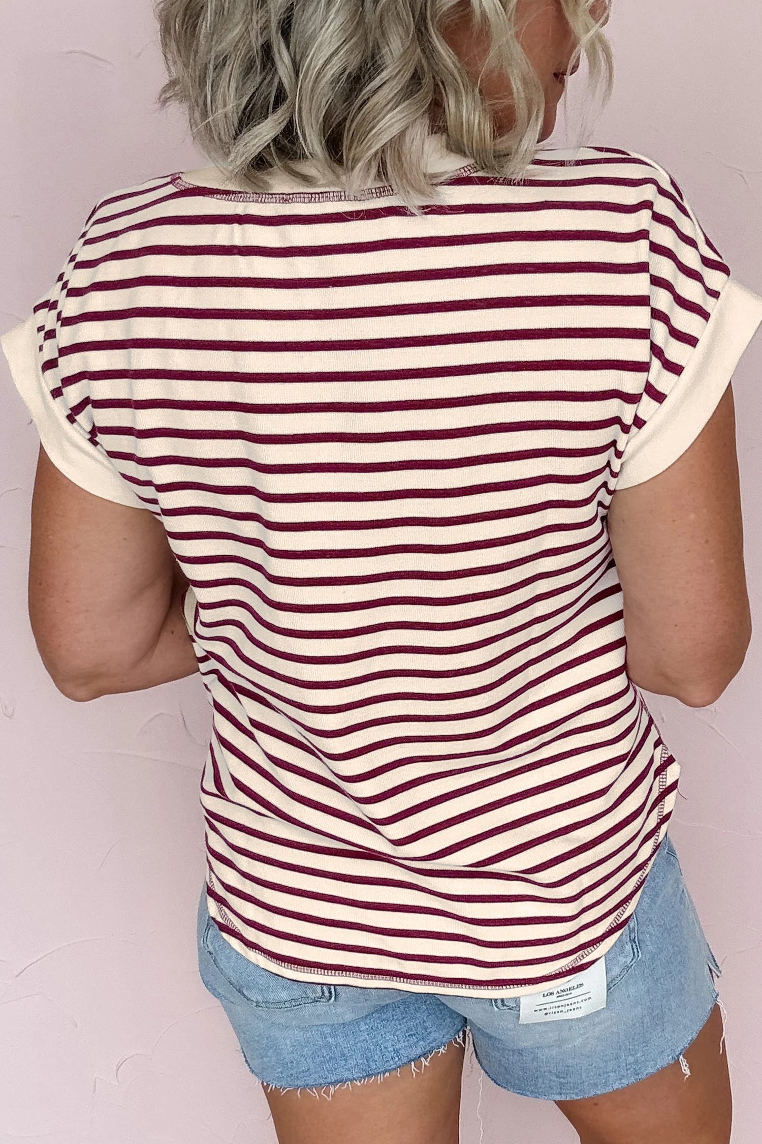 Red Stripe Half Buttons Round Neck T Shirt - Image 2