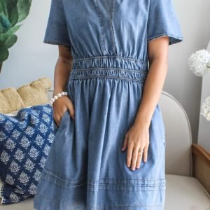 Myosotis Elastic Waist Short Sleeve Denim Mini Dress