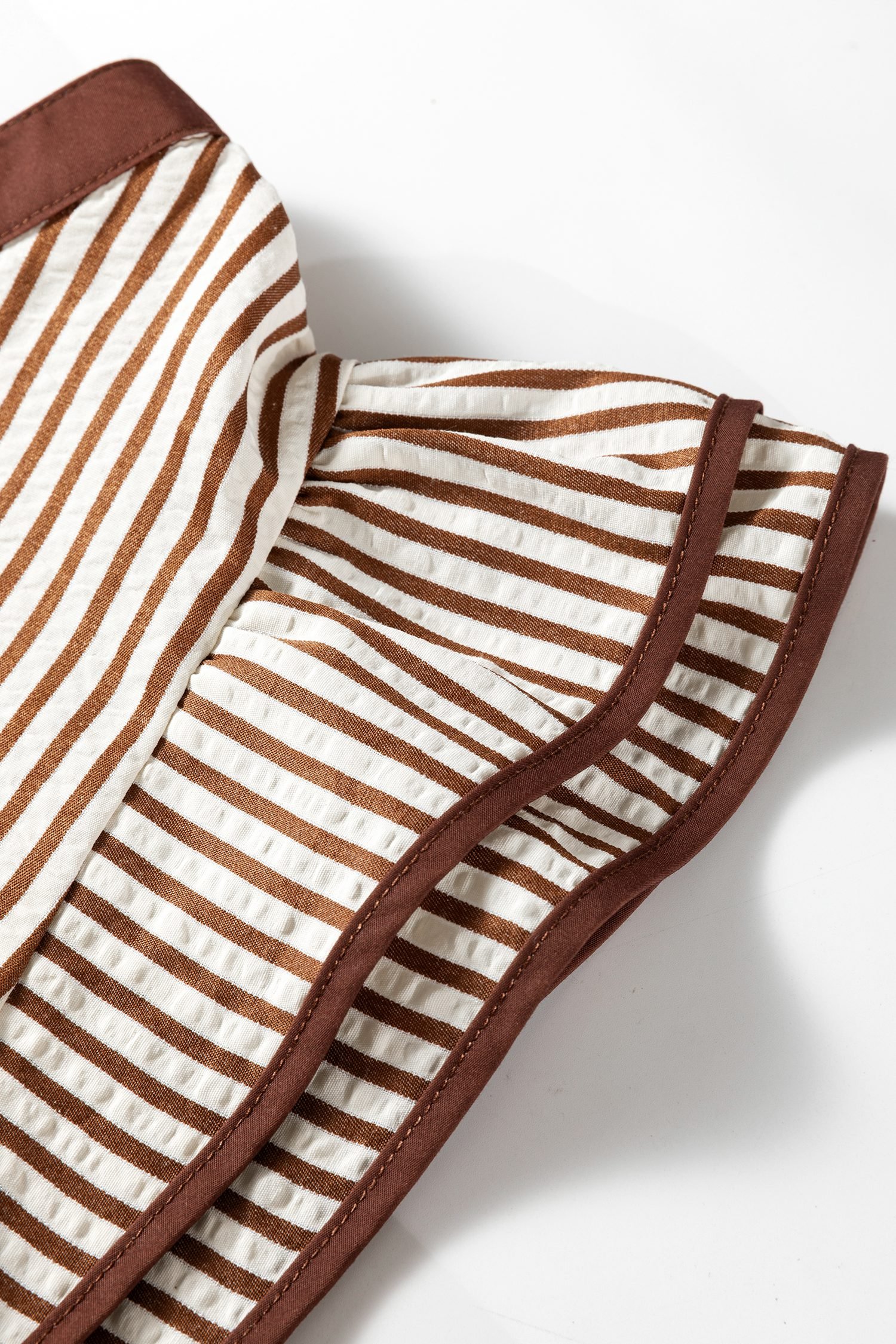 Khaki Stripe Double Ruffled Short Sleeve V Neck Blouse - Image 19