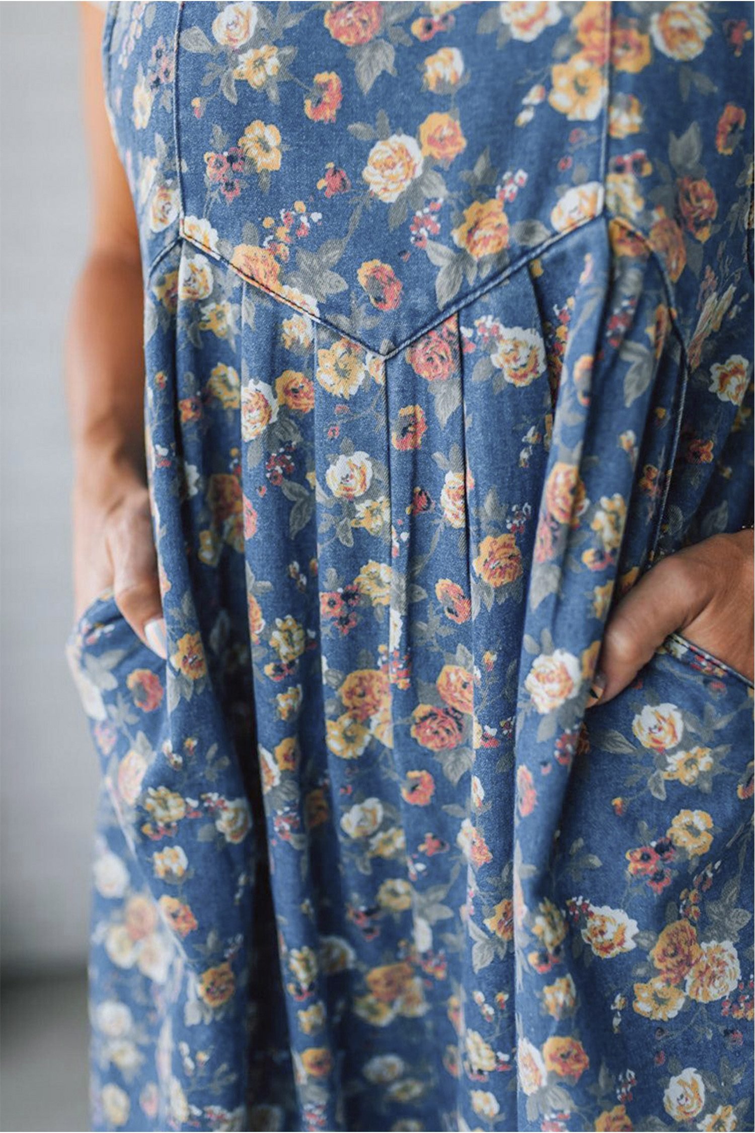 Blue Vintage Rose Printed Pleated Loose Denim Overall Jumpsuit