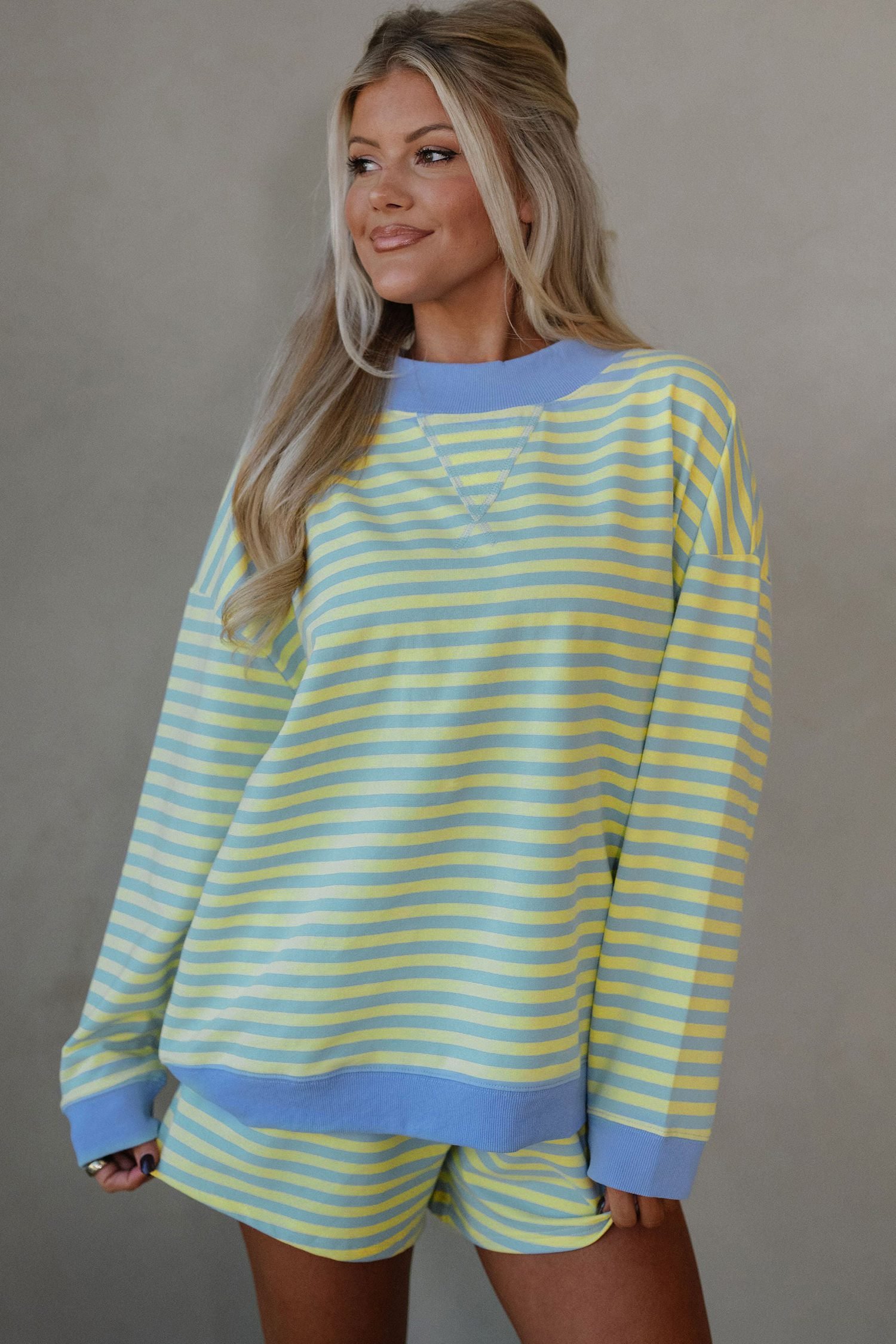 Yellow Stripe Color Block Detail Long Sleeve Pullover Elastic Waist Pull On Shorts 2pcs Set - Image 4