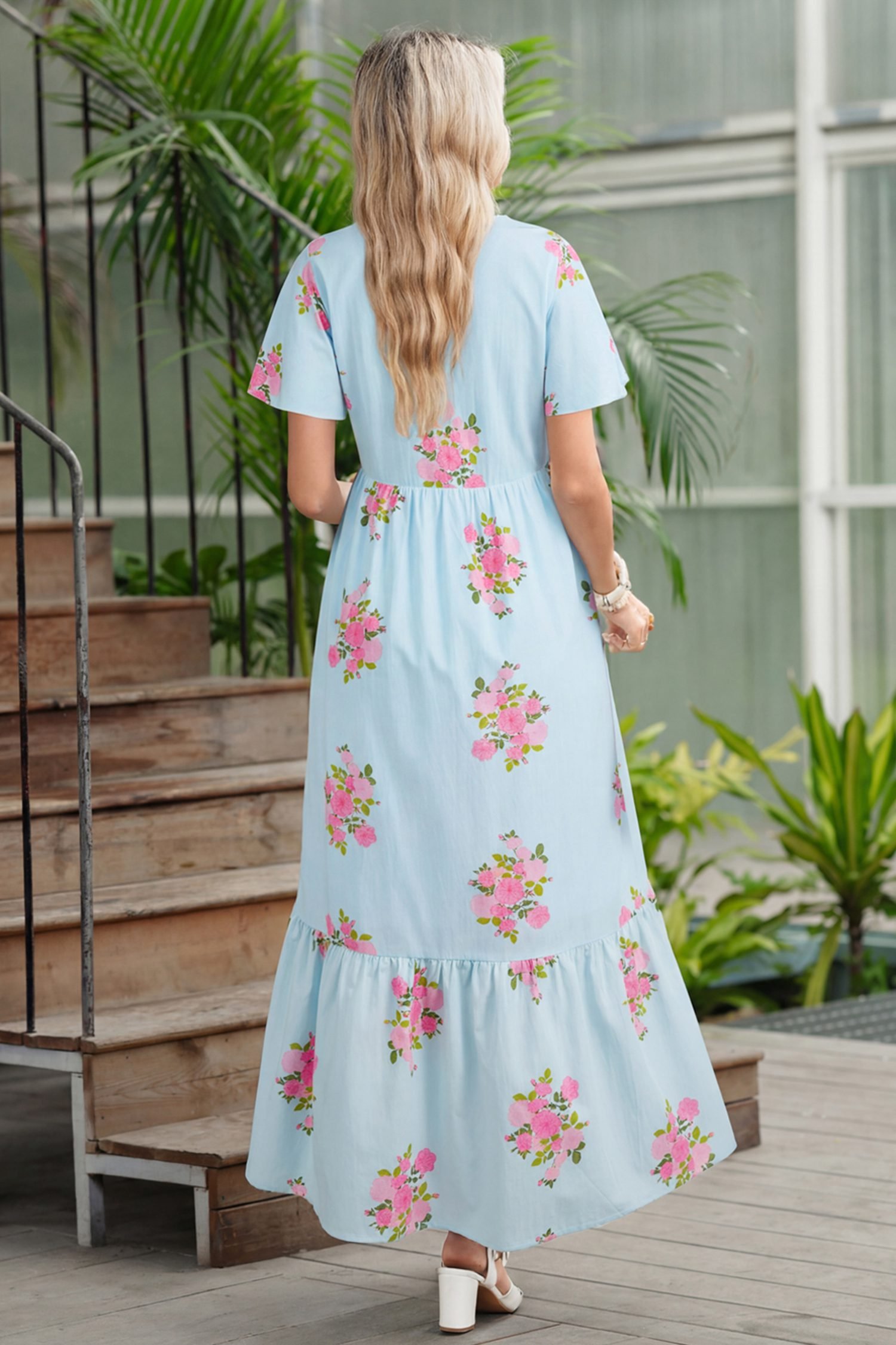 Sky Blue Notched Neck Flutter Short Sleeve Floral Print Maxi Dress
