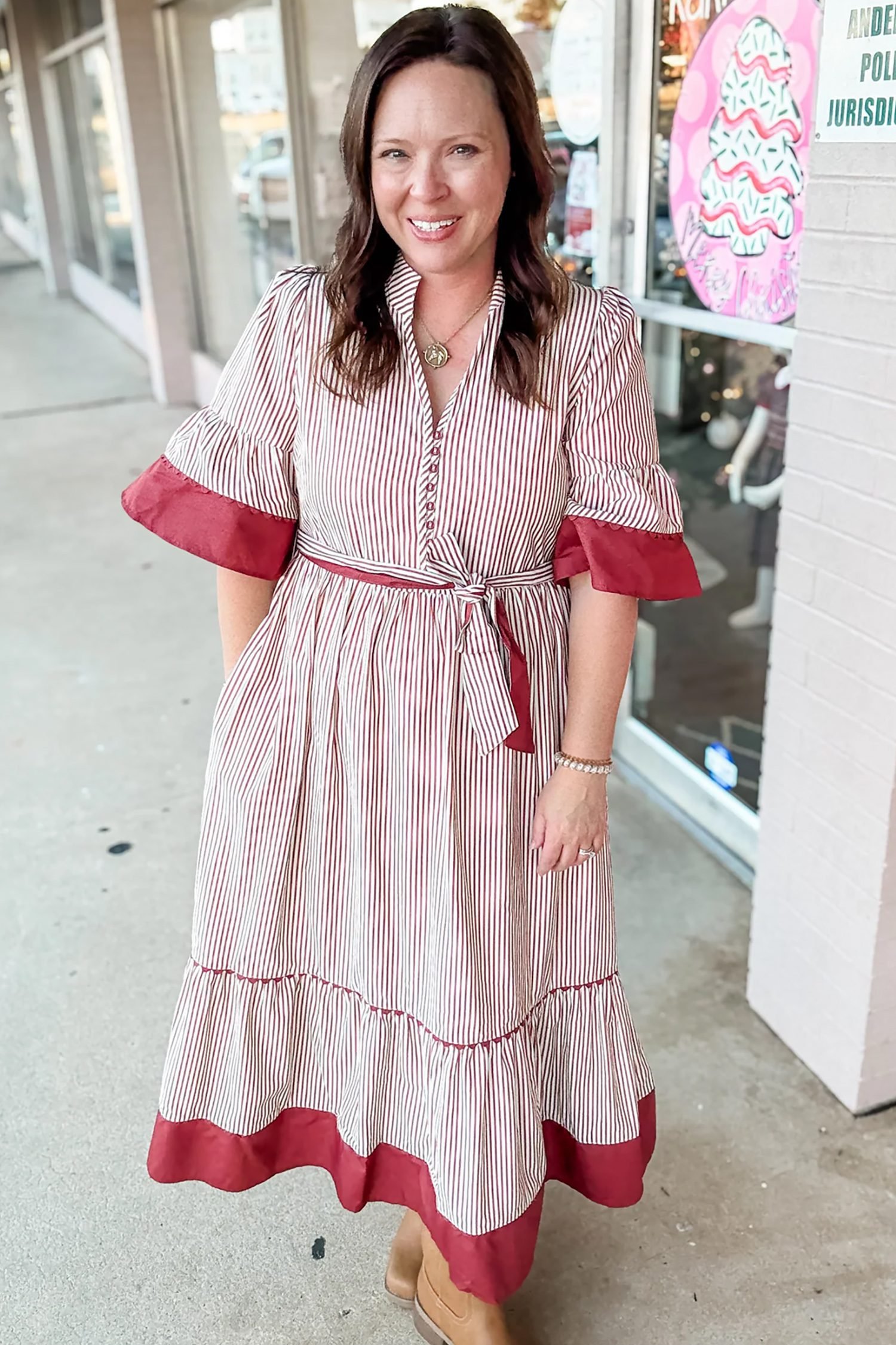 Red Stripe Plus Size Ruffled Hem Pinstriped Midi Dress