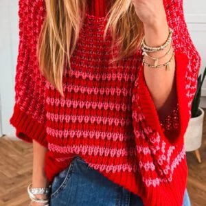 Red Stripe 3/4 Draped Sleeve Slouchy Sweater