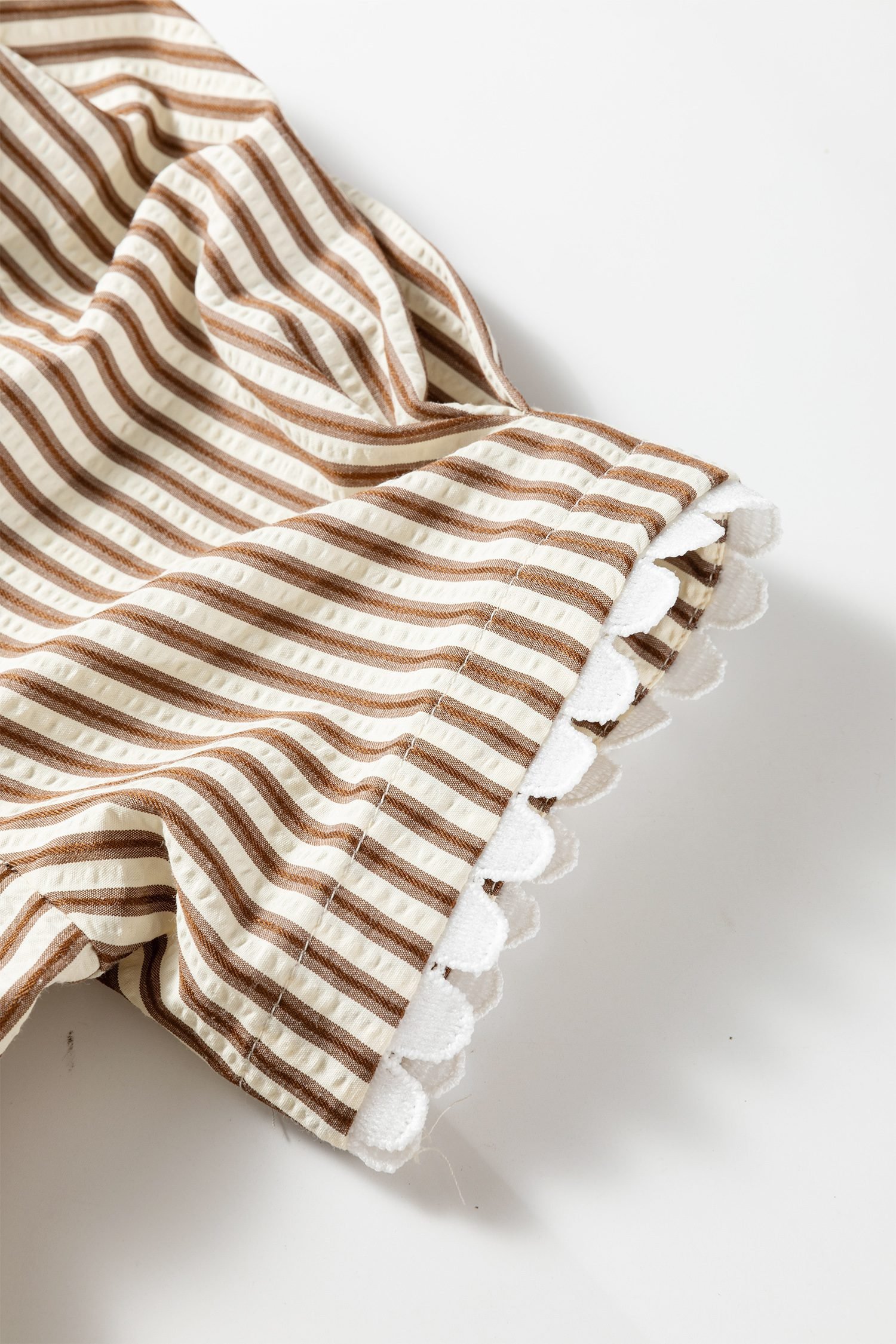 Brown Stripe Ricrac Trim Short Puff Sleeve Leopard Patchwork Collar V Neck Blouse