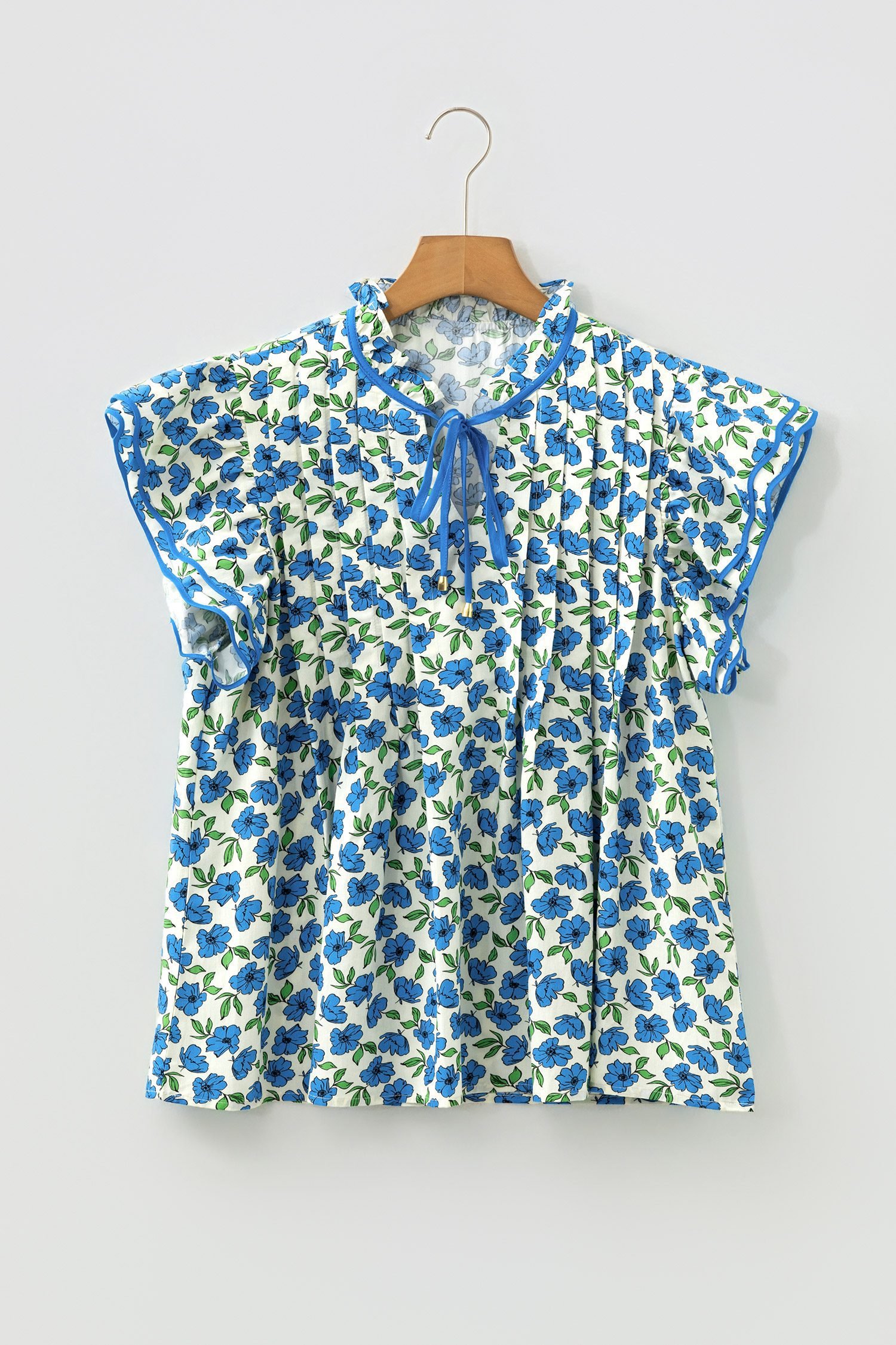 Sky Blue Tiered Flutter Sleeve Pleated Flower Blouse - Image 6