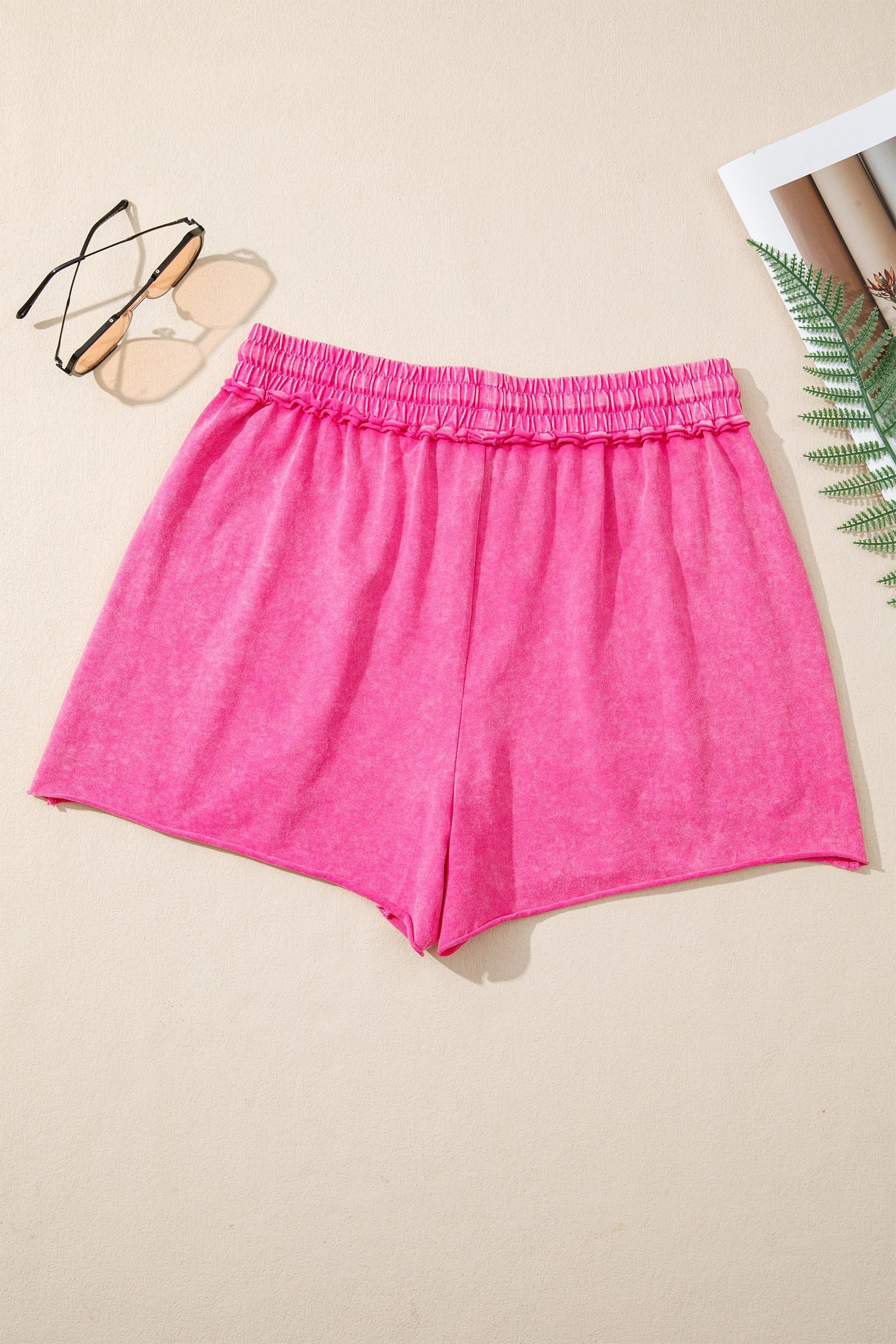 Rose Red Mineral Washed Drawstring Elastic Waist Raw Cut Shorts - Image 6