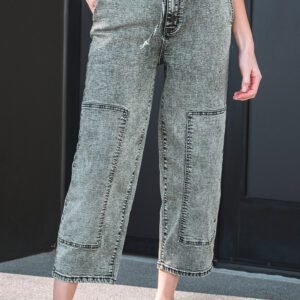 Gray Acid Wash Barrel Fit Denim Pants with Waist String