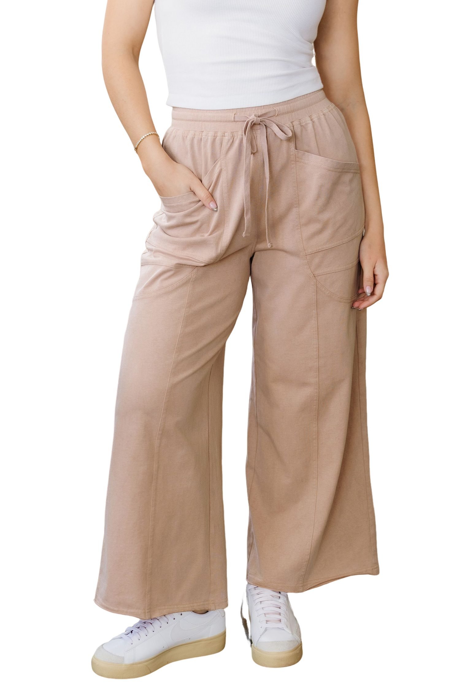 Smoke Gray Solid Color Mineral Wash Piping Trim Pocketed Wide Leg Pants - Image 15