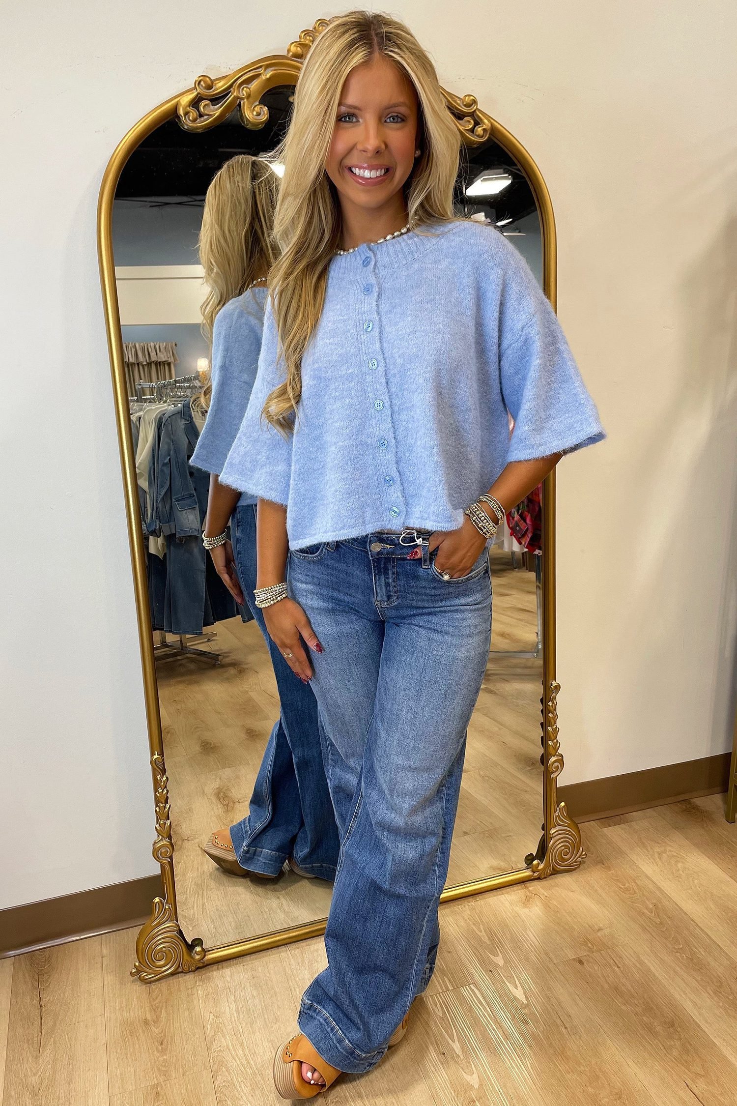 Beau Blue 3/4 Sleeve Boxy Knit Button Down Sweater Cardigan - Image 3