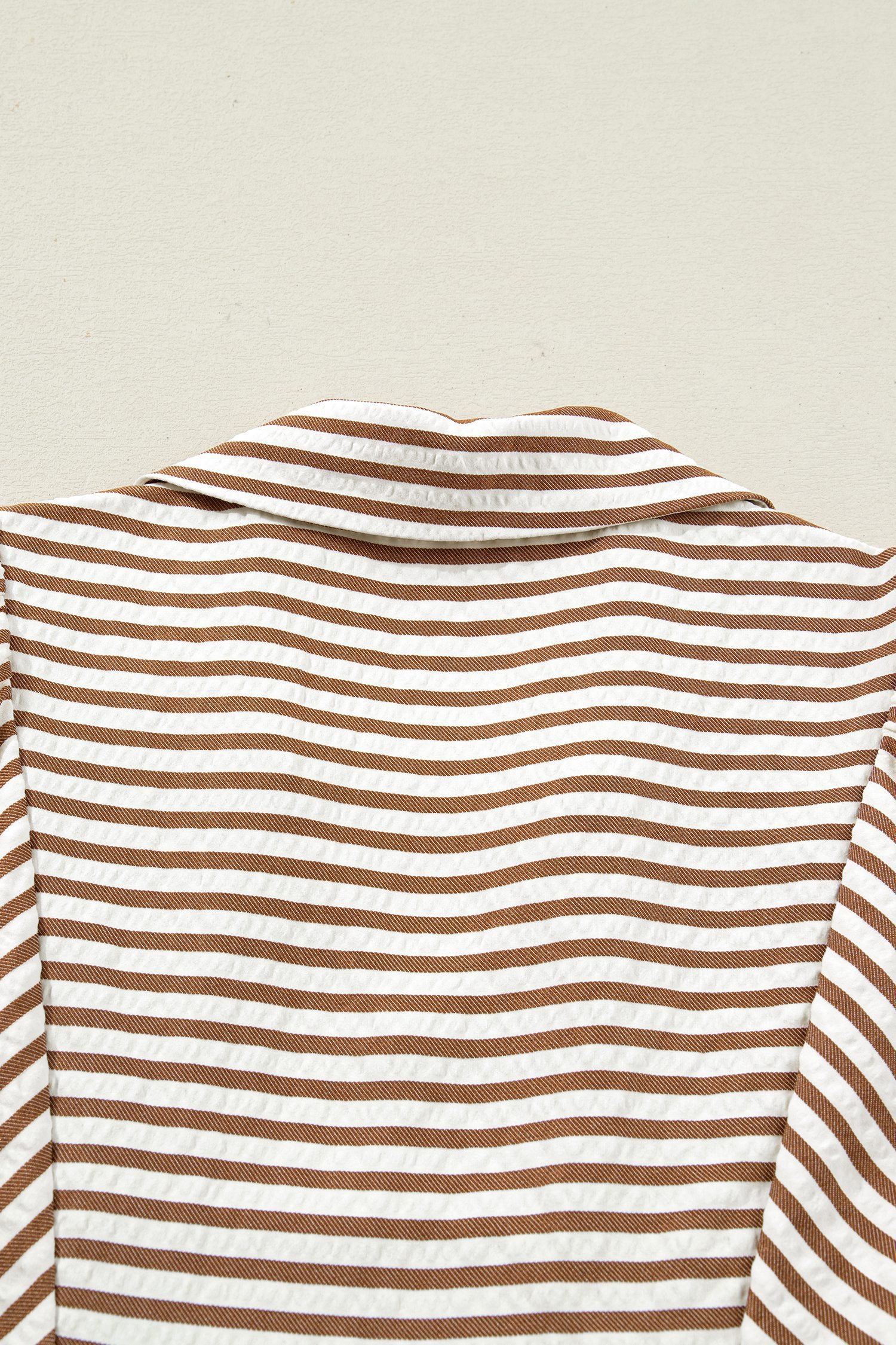 Brown Stripe Shirred V Neck Short Puff Sleeve Blouse - Image 17