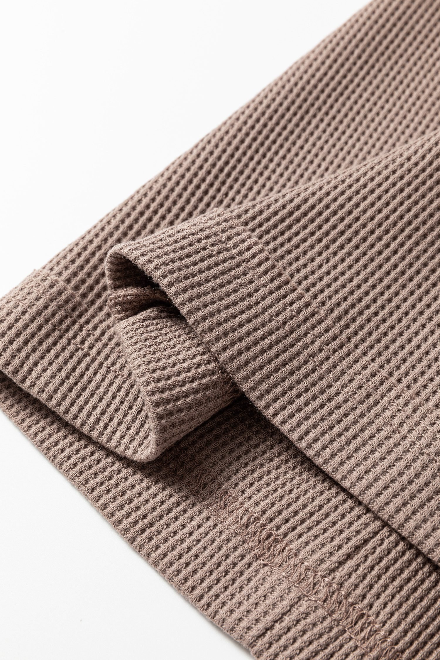 Old Rose Solid Color Waffle Knit Asymmetric Neck Long Sleeve Top - Image 11