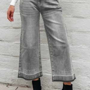 Gray Raw Hem Straight Leg Loose High Waist Jeans
