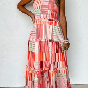 Carrot Mix Striped Wide Straps Smocked Tiered Maxi Dress