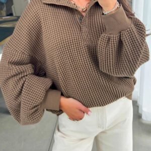 Casual Solid Color Textured Snap Button Collared Baggy Top