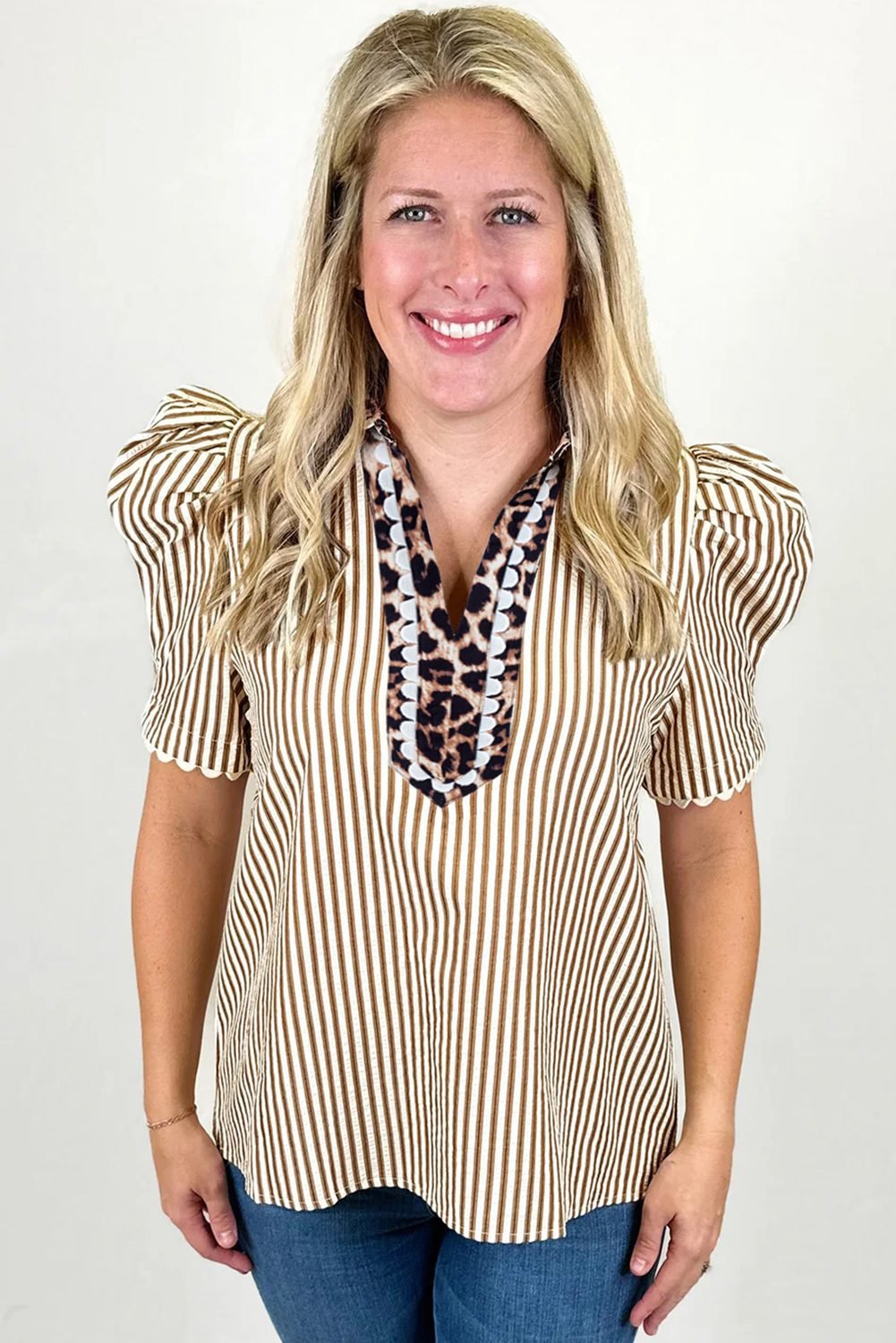 Brown Stripe Ricrac Trim Short Puff Sleeve Leopard Patchwork Collar V Neck Blouse