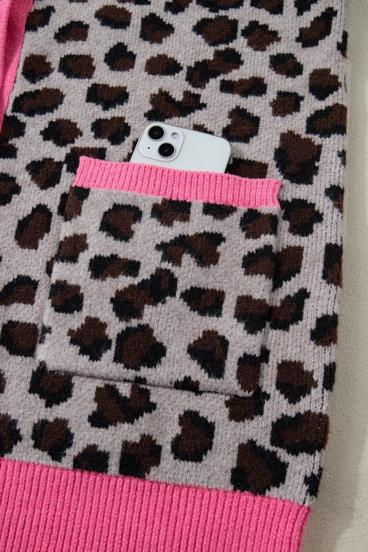 Khaki Oversize Color Block Trim Button Down Leopard Print Cardigan