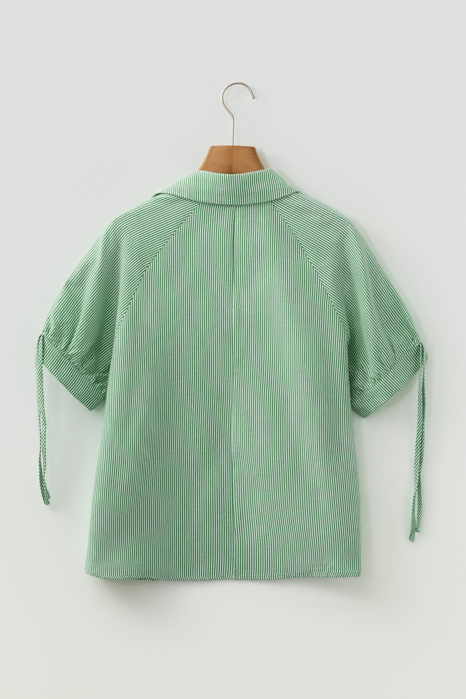Mint Green Striped Print Collared Split Neck Half Sleeve Blouse - Image 6