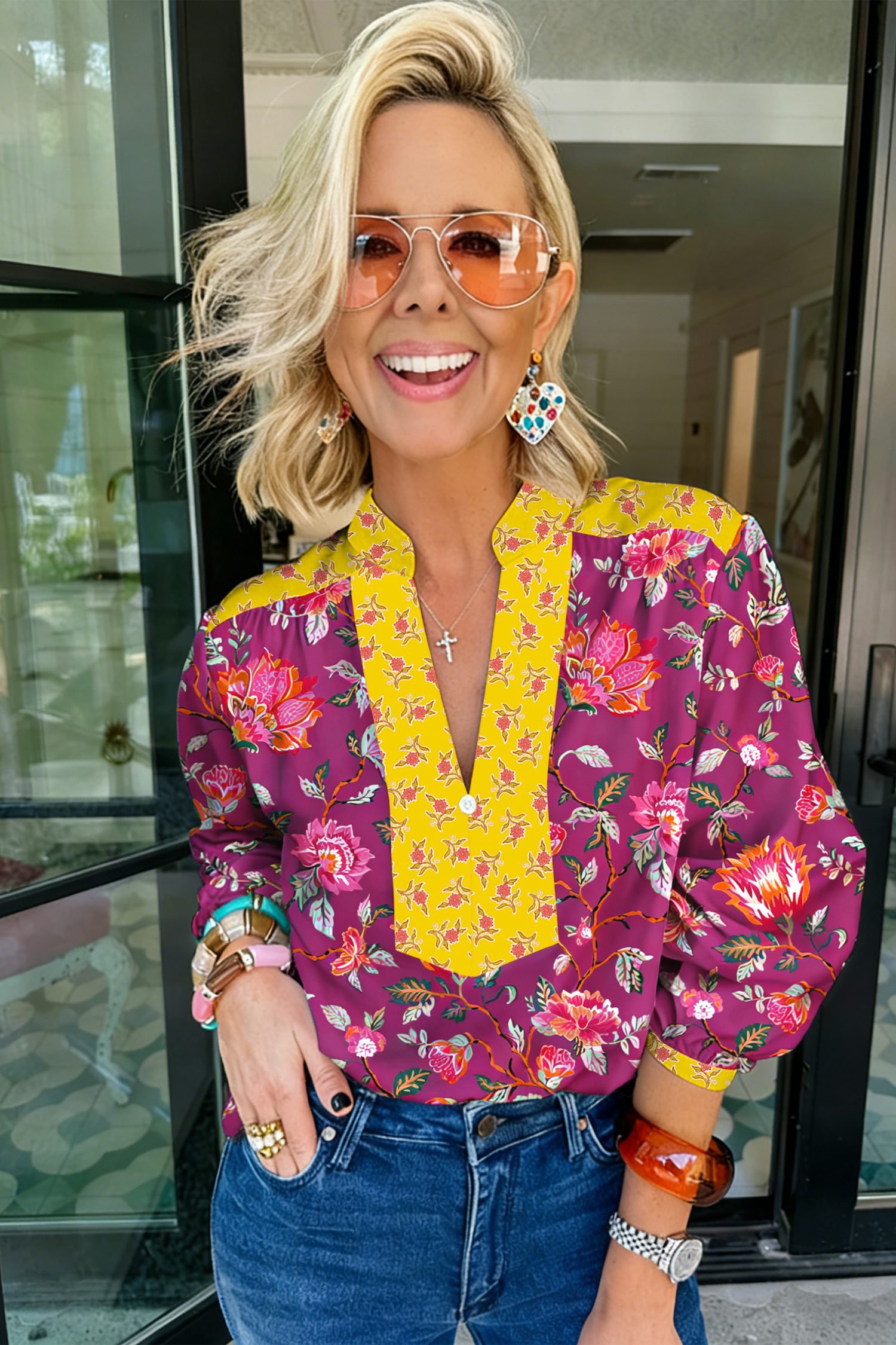 Rose Contrast Placket Split V Neck Floral Blouse - Image 3