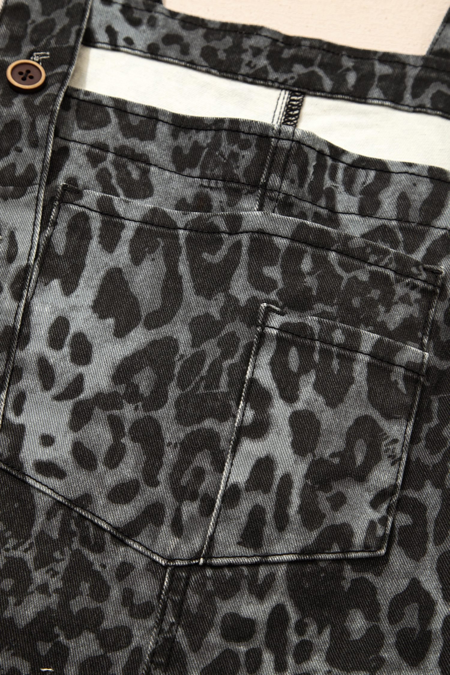 Gray Leopard Print Button Adjustable Straps Cropped Loose Denim Overalls - Image 10