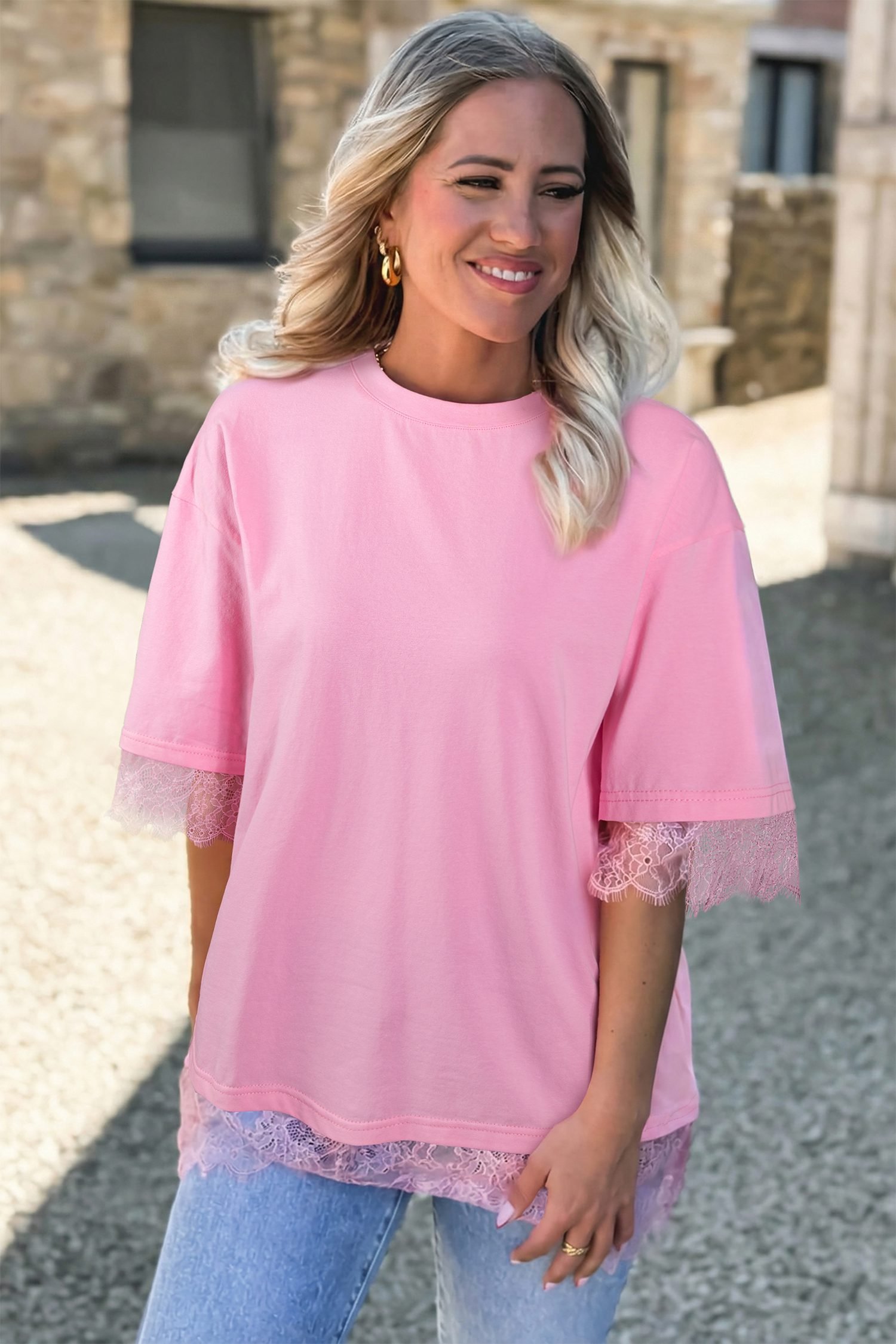 Pink Eyelash Floral Lace Patchwork Half Sleeve Oversize Tee