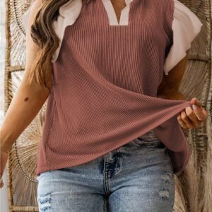 Rose Pink Plus Size Contrast Frilled Neckline Ruffled Short Sleeve Ribbed Textured Blouse
