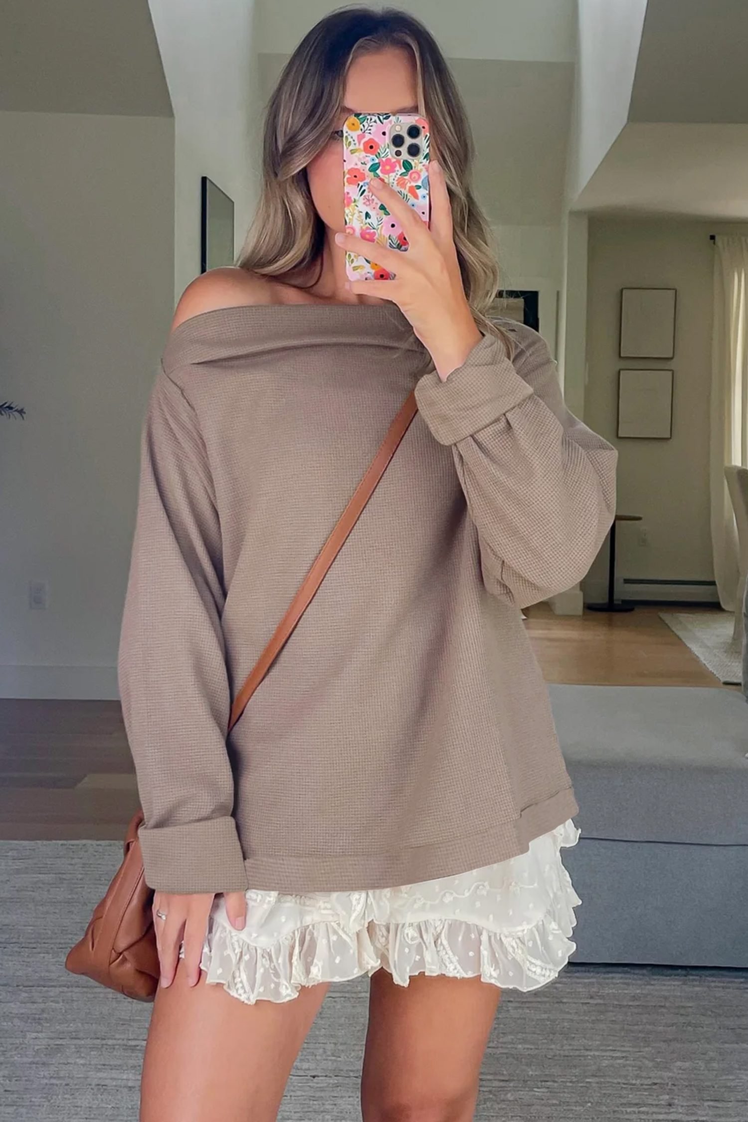 Old Rose Solid Color Waffle Knit Asymmetric Neck Long Sleeve Top - Image 3