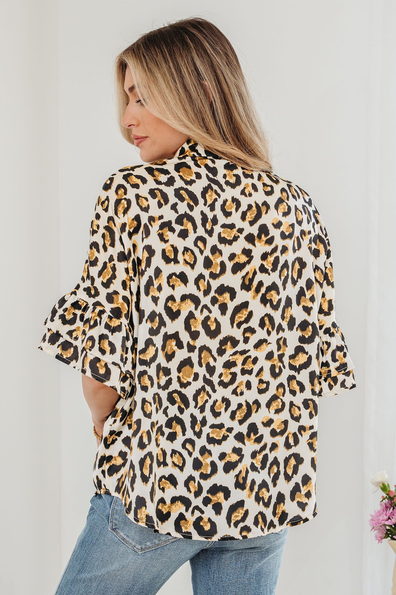 Khaki Leopard Print Ruffle Trim 3/4 Sleeve Loose Shirt
