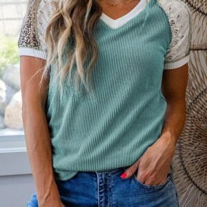 Green Bay Color Block Lace Leopard Patchwork Twisted Ribbed Tee