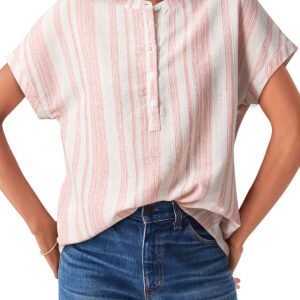 Fiery Red Breathable Gauze Half Button Short Sleeve Casual Blouse