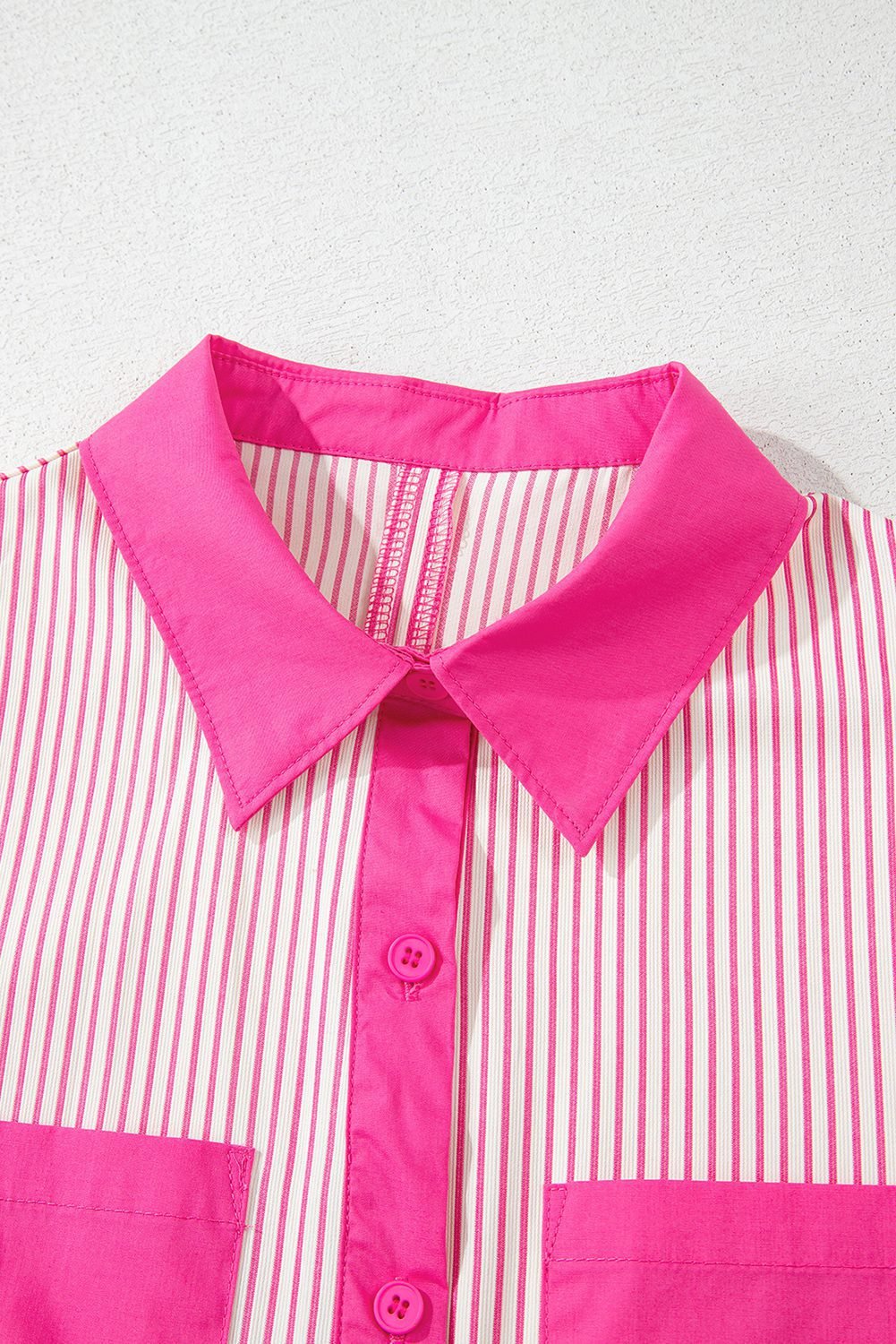 Rose Stripe Color Block Patchwork Shirt Collar Button Down Puff Sleeve Mini Dress