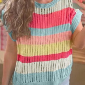 Green Stripe Color Block Hollow Out Knit Short Sleeve Sweater
