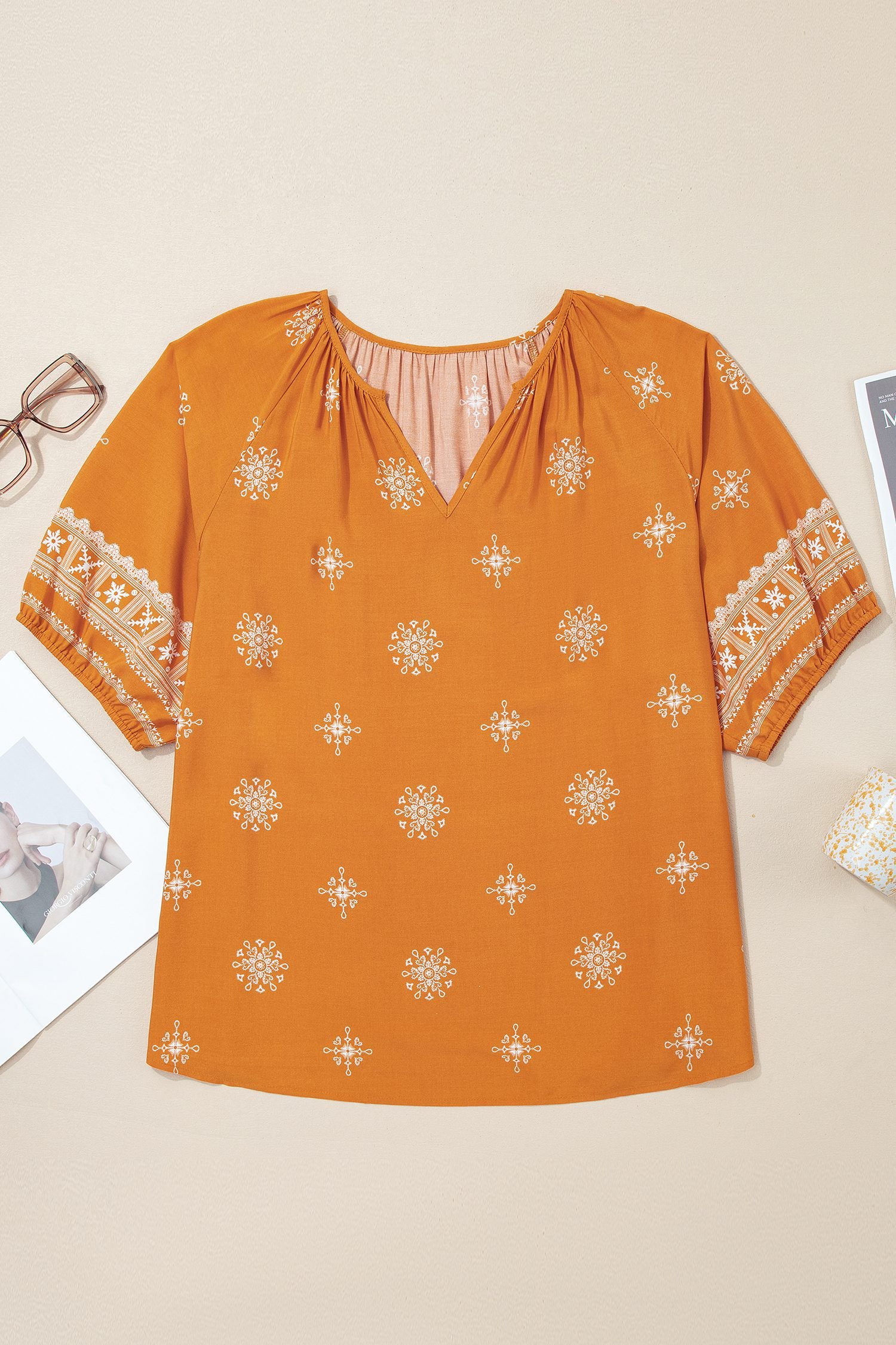 Yellow Boho Chic Notched V Neck Plus Floral Short Sleeve Top